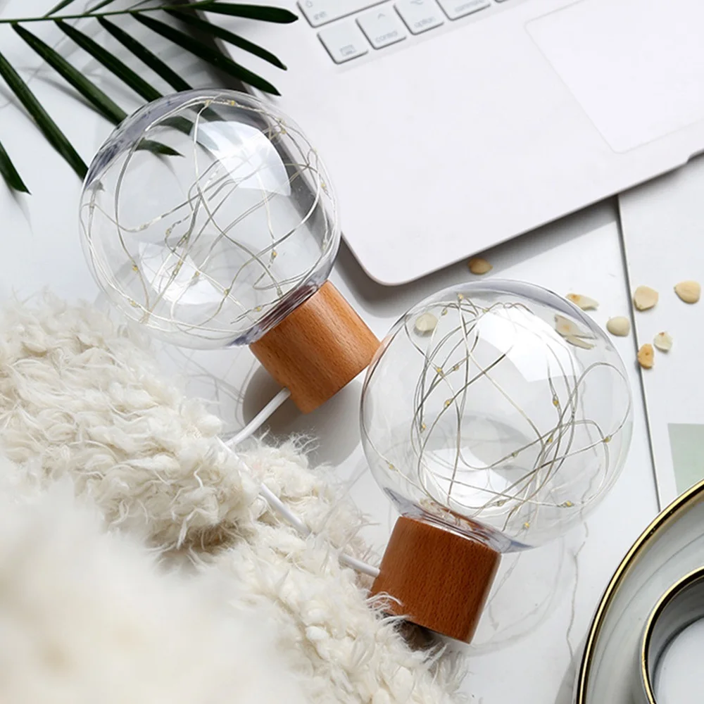 Светодиодный ночник лампа с USB подзарядкой шар свет деревянной основой домашний