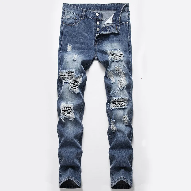 

New Fashion Ripped Jeans Men Cowboy Straight Hole Nostalgic Street Beggar Personality Trousers Cowboys Demin Jean Pants Male