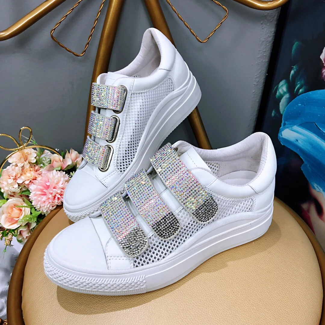 

Spring Women Casual Shoes High Heels Sneakers Crystal Ladies Fashion Shoe Thick Bottom Genuine Leather Autumn Girl Luxury Design