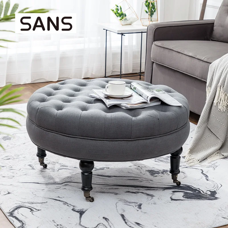 

Wholesale Custom Fabric Tufted Upholstery Ottoman with Wood Leg