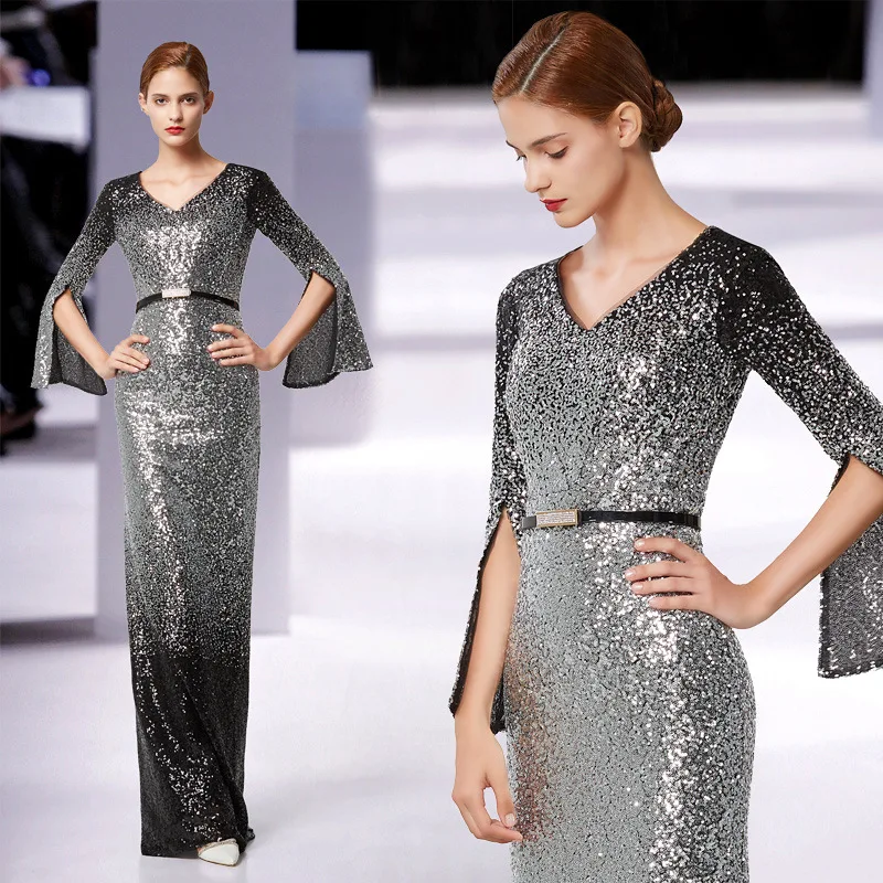 Сексуальные вечерние платья с v образным вырезом и длинным рукавом 2019 элегантные