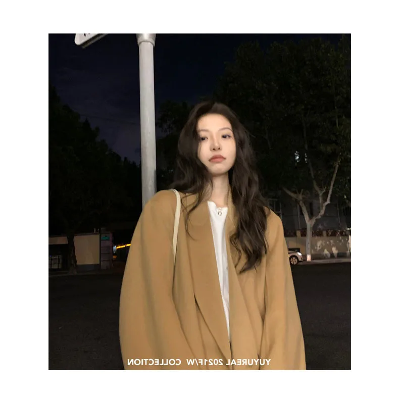 

VANOVICH 2022 Autumn and Winter New Korean Style Wide-waisted Coat Solid Double Breasted Oversized Casual Wool Coat Women