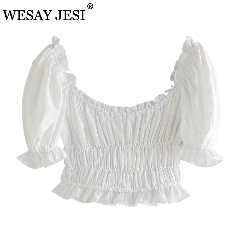 

WESAY JESI 2021 Spring New Women's Top Ruffled Puff Sleeve Solid Color Top Slim Pullover Fashion Retro Temperament Daily Top