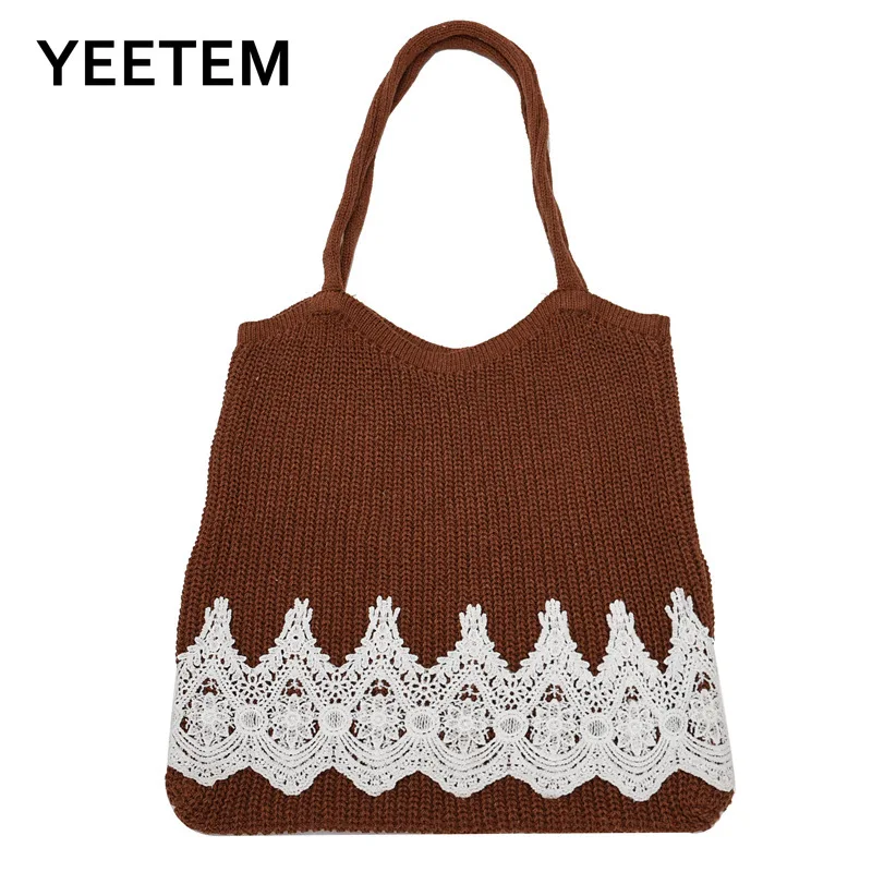 

Lace Wool Soft Lady High Capacity Student Autumn Winter Woven Knitted Bag Shoulder Bag Patchwork Purses and Handbags Satchels