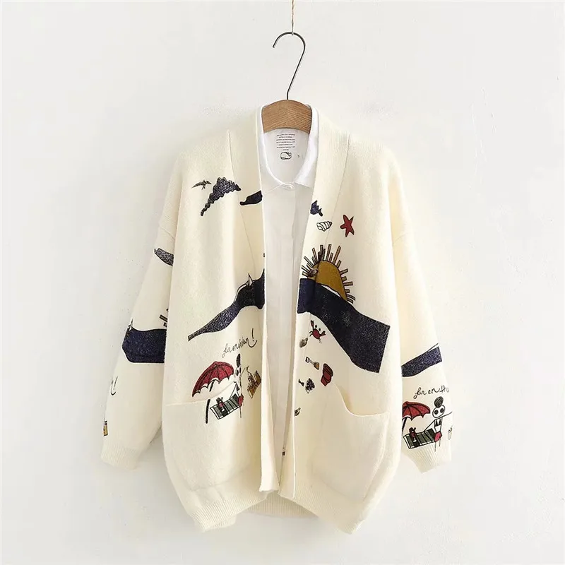 

Mori Girl Autumn Beige Khaki Anime Sweater Japanese Cute Knit Cardigan Overcoats Kawaii Full Sleeve Loose Cartoon Sweaters Knit