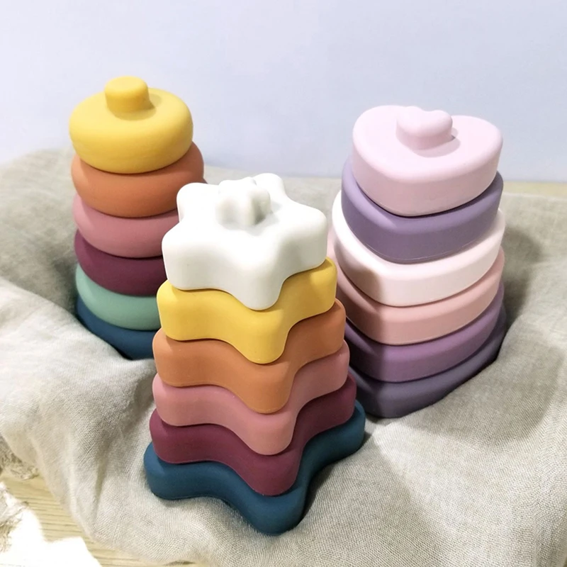 

Baby Montessori Rainbow Building Blocks Soft Silicone Rubber Teether Toy DIY Creative Stacking Balance Game Toy For Kids