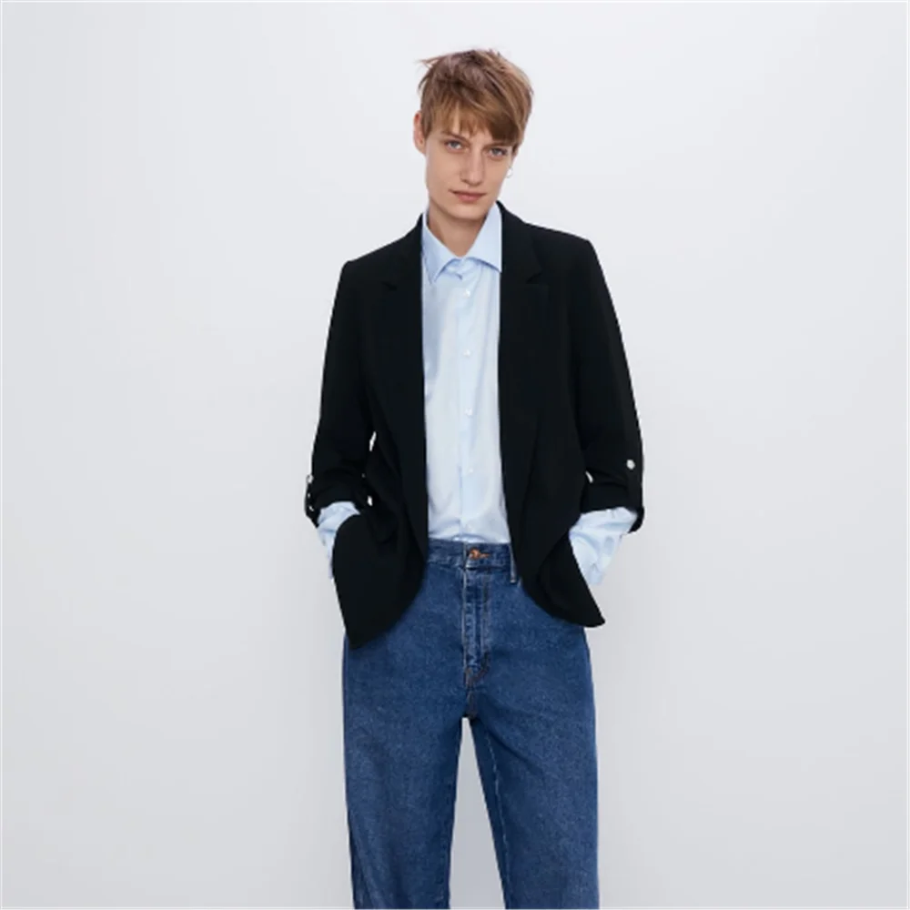 Женский черный костюм ZA Модный повседневный блейзер с отворотом и длинными