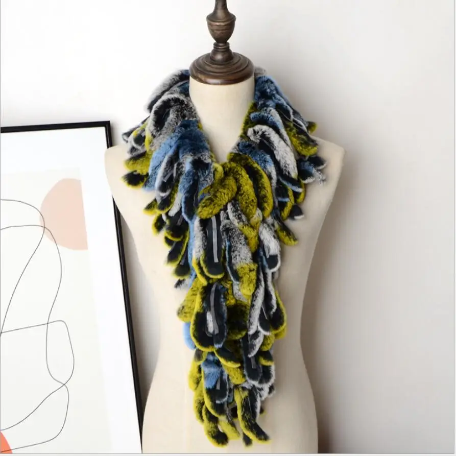 Women's Winter Real Rex Rabbit Fur Scarf Collar Neck Warmer Shawl Fluffy Furry Wraps |