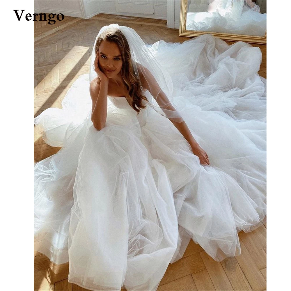 

Verngo Simple Tulle A Line Wedding Dress For Bridal Strapless Fluffy Skirt Lace Tie Back Country Bride Dresses Gown Plus Size