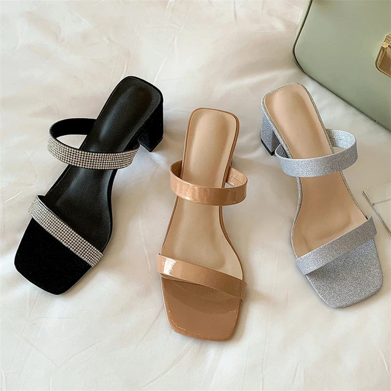 

Meotina Women Slippers Shoes Narrow Band High Heel Sandals Ctrystal Square Toe Slides Chunky Heel Lady Footwear Summer Apricot