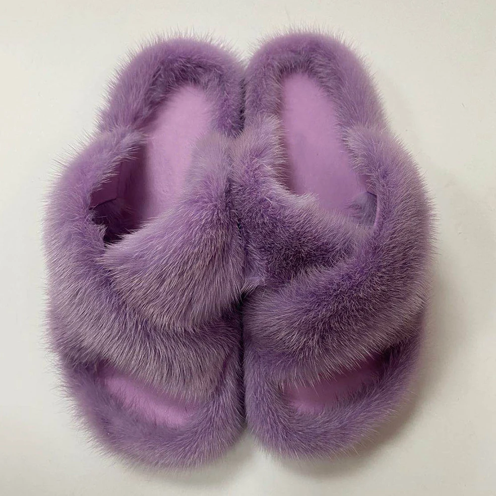 

2020 Women's Fur Shoes 100% Real Mink Fur Slippers European Station Ladies Fur Sandals Flat Heel Fashion Luxury Slides S6077