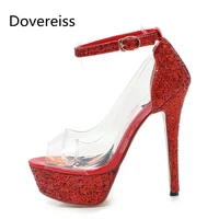 dovereiss fashion summer womens shoes bling bling gold red stilettos hees buckle waterproof sandales sexy consice 33 48