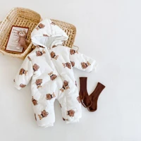 2022 new winter plus velvet thicken baby down romper for boys cute bear print long sleeve warm clothes newborn girl jumpsuit
