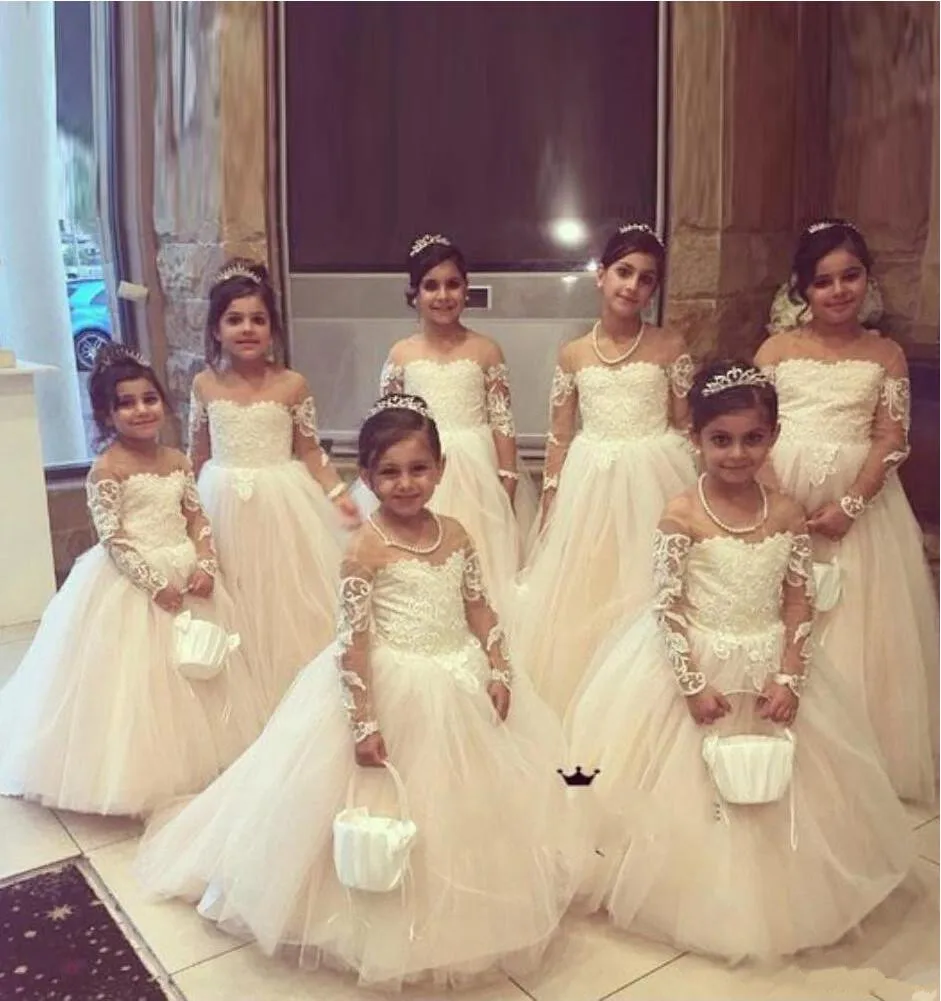 

Classic Tulle Flower Girl Dress With Bow Lace Appliques Long Sleeve For Wedding Birthday Ball Gown First Holy Communion Dresses