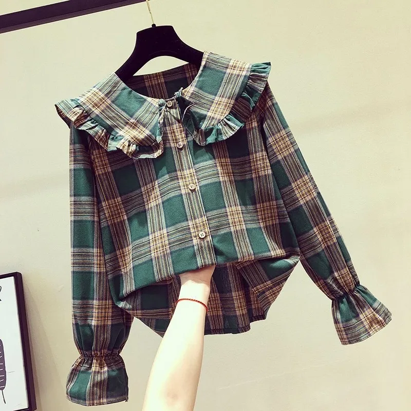 

Women Shirts New Plaid Ruffles Peter Pan Collar Button Flare Sleeve Korean Casual Elegant Sweet Cute Student Shirts Tops