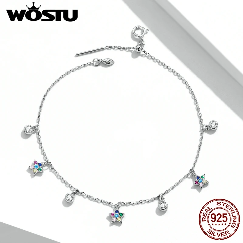 

WOSTU 100% Настоящее серебро 925 пробы Радуга Циркон Звезда Шарм браслет для женщин ручная цепочка Рождество Новый год S925 ювелирные изделия подар...