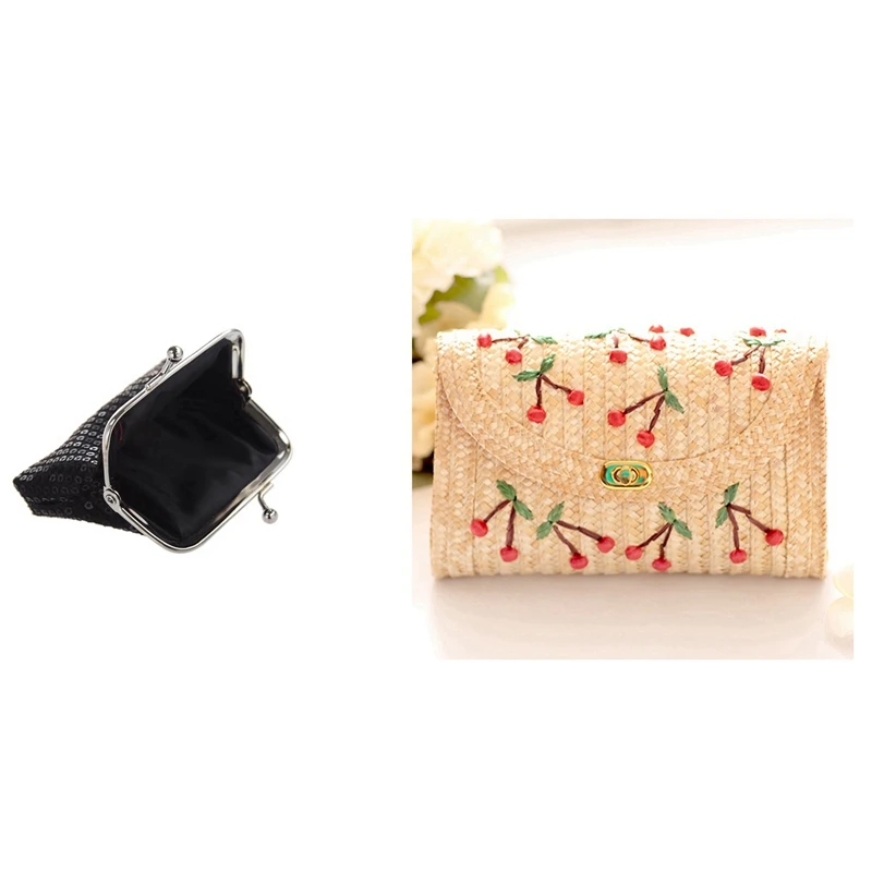 Женский кошелек для монет с блестками мини-кошелек пряжкой (черный) и плетеной