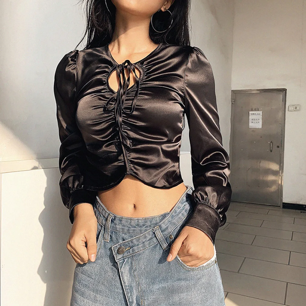 О-образный вырез сексуальный короткий топ с длинным рукавом женские осенние