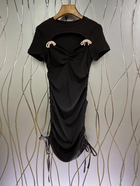 

2021 новая женская мода груди симметричный, платья с бисером и бантом шить, против морщин, платье с короткими рукавами 529