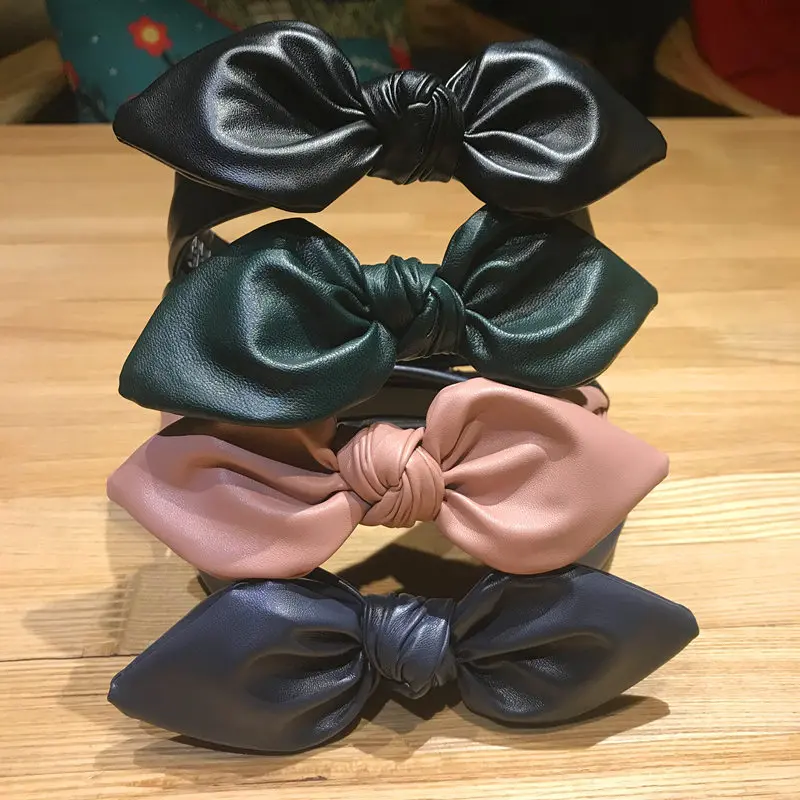 

PU Leather Bow Hairbands Women Hair Accessories 4cm Wide Cute Girls Headband Headwear Wash Face Hair Hoop