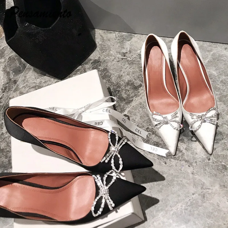 Звездный стиль сатин стразы женские туфли лодочки с бантом Элегантные острым