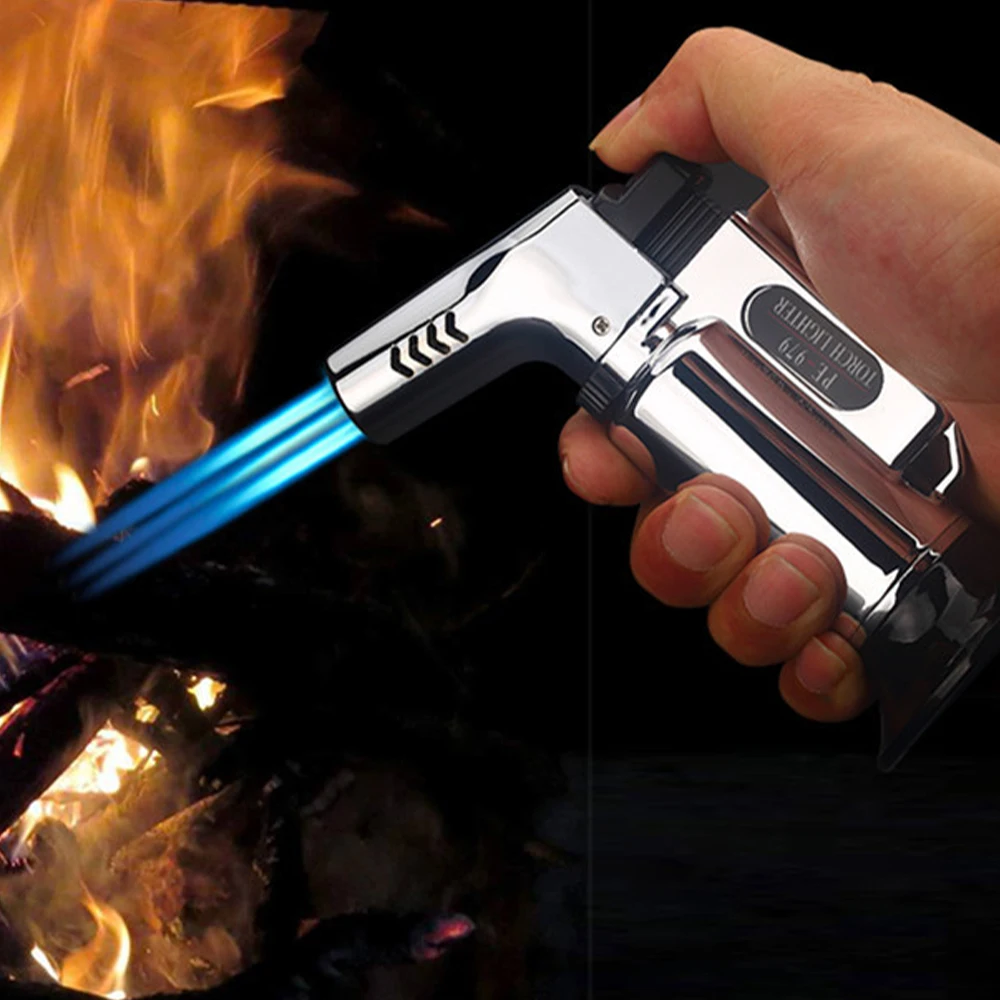 

Metal 3 Nozzles Torch Lighter Windproof Jet Turbo Spray Gun Inflatable Gas Butane Cigar Lighter Outdoor BBQ Kitchen Lighters