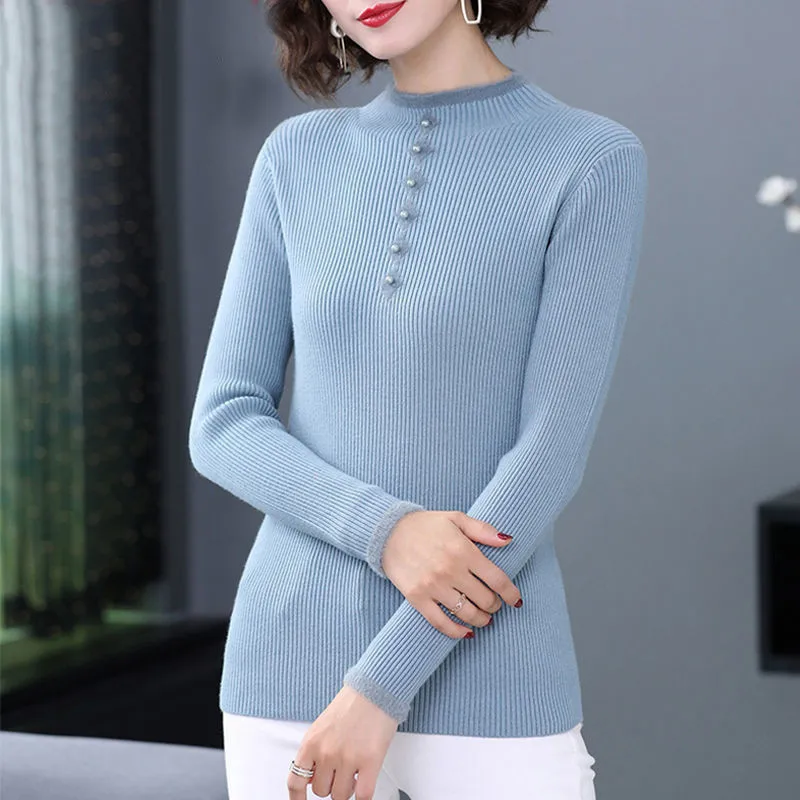 

Half Turtleneck Sweater Women 2020 Autumn Winter Elegant Beading Pullover Sweater Solid Soft Female Knitted Tops Jumper H92