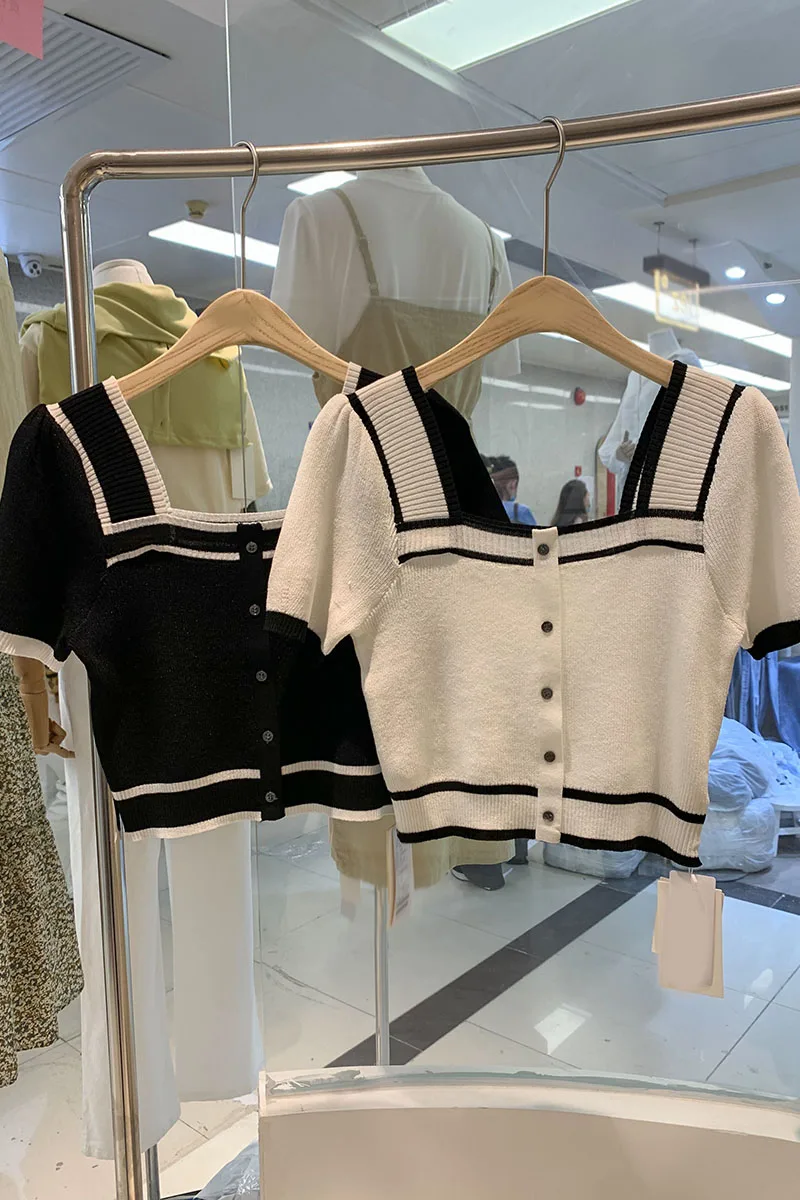 

Color Block Striped Short Sleeve Knitting Shirt 2021 New Spring Summer Square Collar Slim Thin Sweater Short Women Bottoming Top