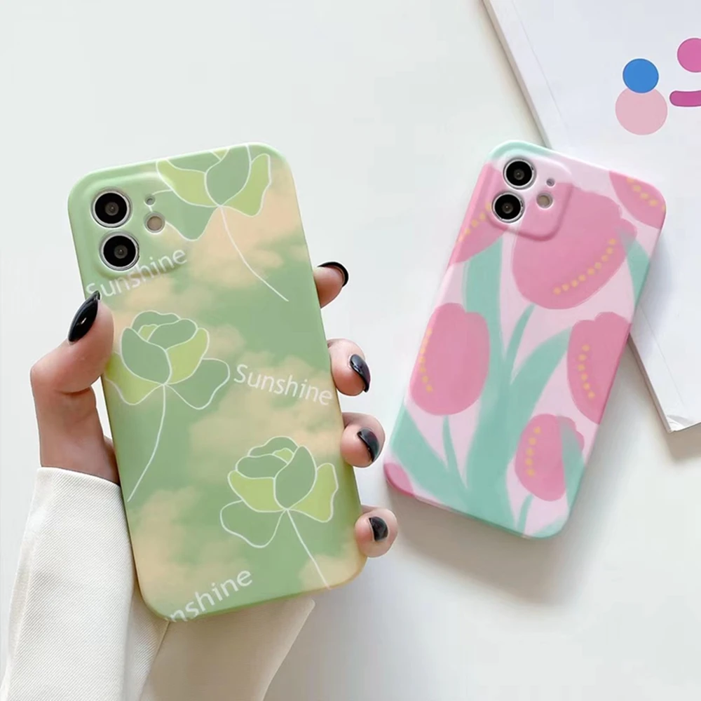 

Vintage Flowers Tulip Camera protection Phone Case For iPhone 12 11 Pro XR XS Max X 7 8 Plus SE 2 Soft IMD Shockproof Back Cover