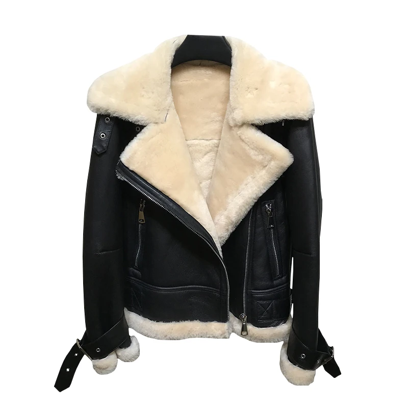 2020 Женская модная Повседневная зимняя байкерская куртка из овечьей кожи с