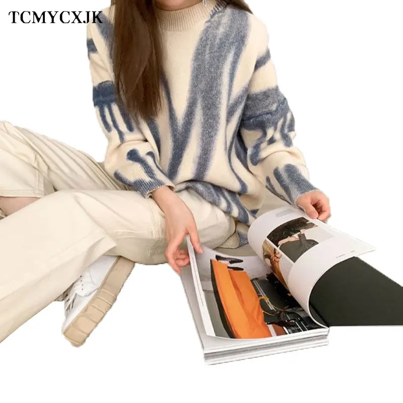 

Autumn Printed Sweater Womens Loose Lazy Wind Round Neck Knitted Sweater Women Long Sleeve Winter Bottoming Knitting Sweater Top