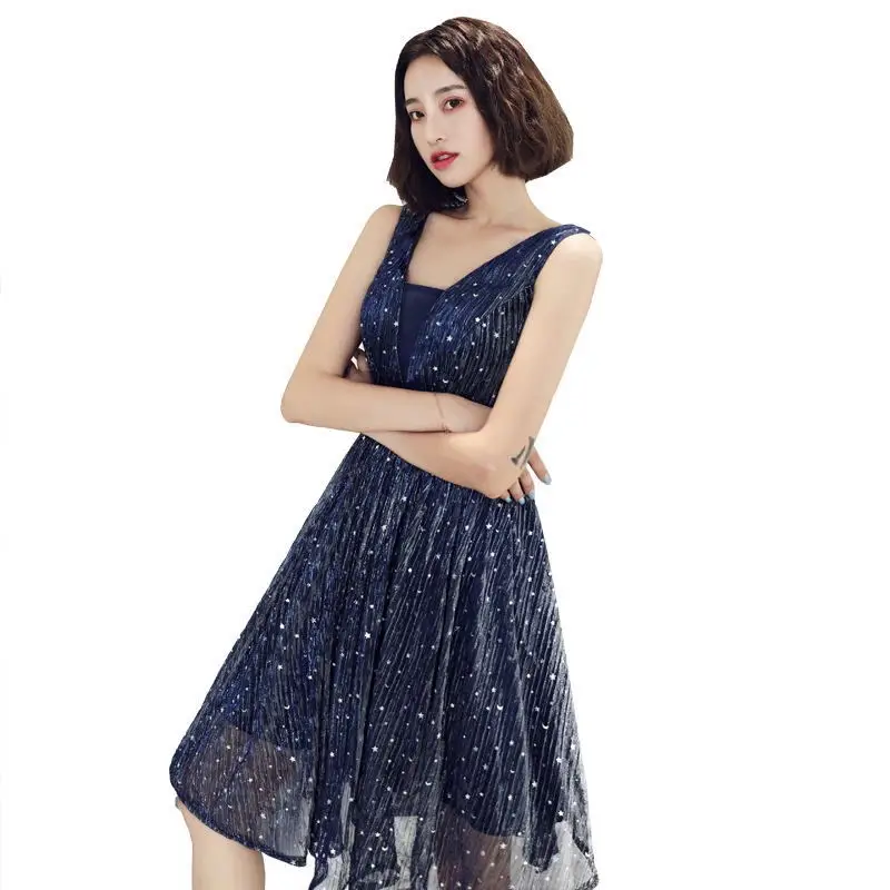 

FOLOBE Elegant Navy Shiny Dresses women knee length dresses Stars moon Sequins solid dresses party dress female vestidos 2021