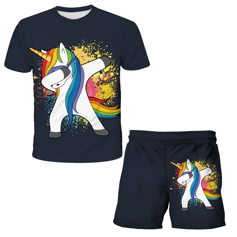 

Summer sonic 3D printing set girl's set top + shorts 2-piece cartoon set Unicorn children's set boy's T-shirt
