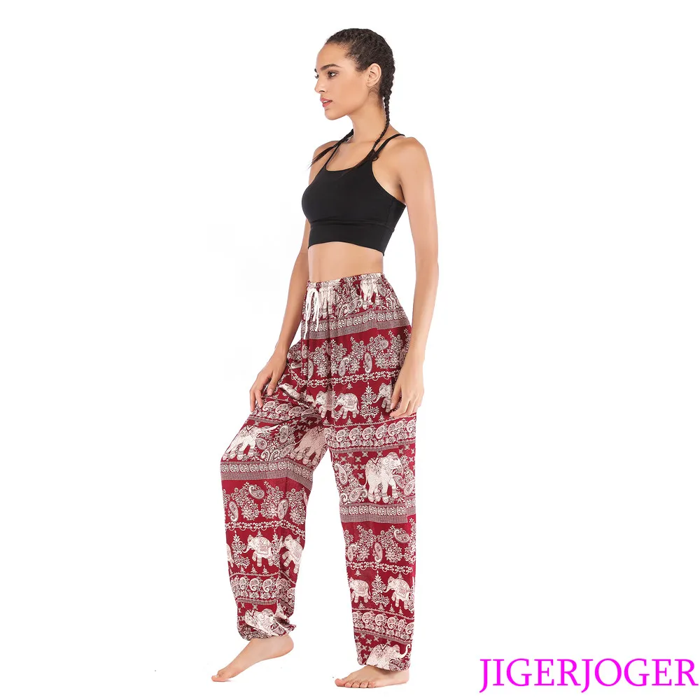 

JIGERJOGER Rayon Cotton Strappy Wine Red elephant Harem Pants pocket stretchy waistband loose yoga leggings free drop shipping