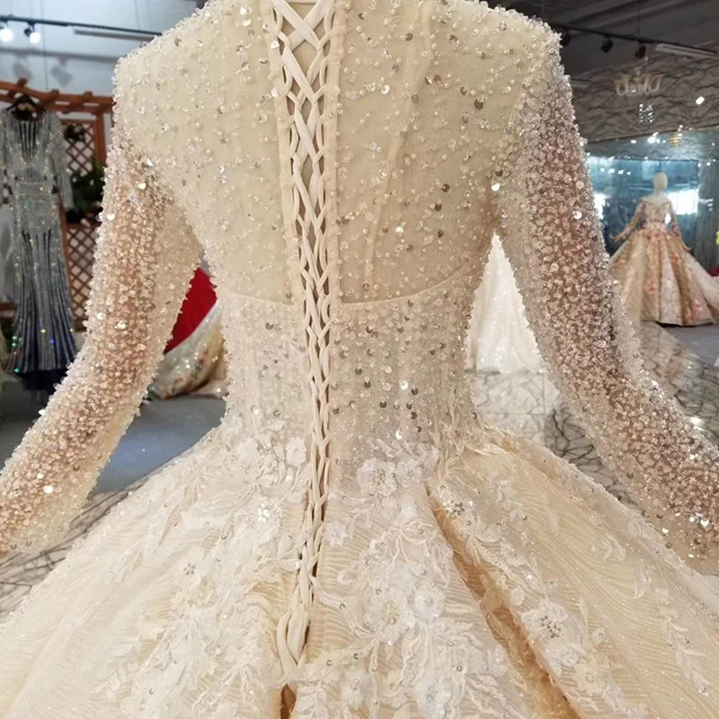 LS11223 Свадебные платья ручной работы с кристаллами цвета шампанского круглым