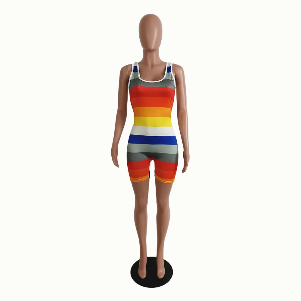 

Low Neck Sleeveless Casual Fitness Playsuit Women Striped Print Backless Beach Bodysuits Summer Stretchy One Piece Club Overalls