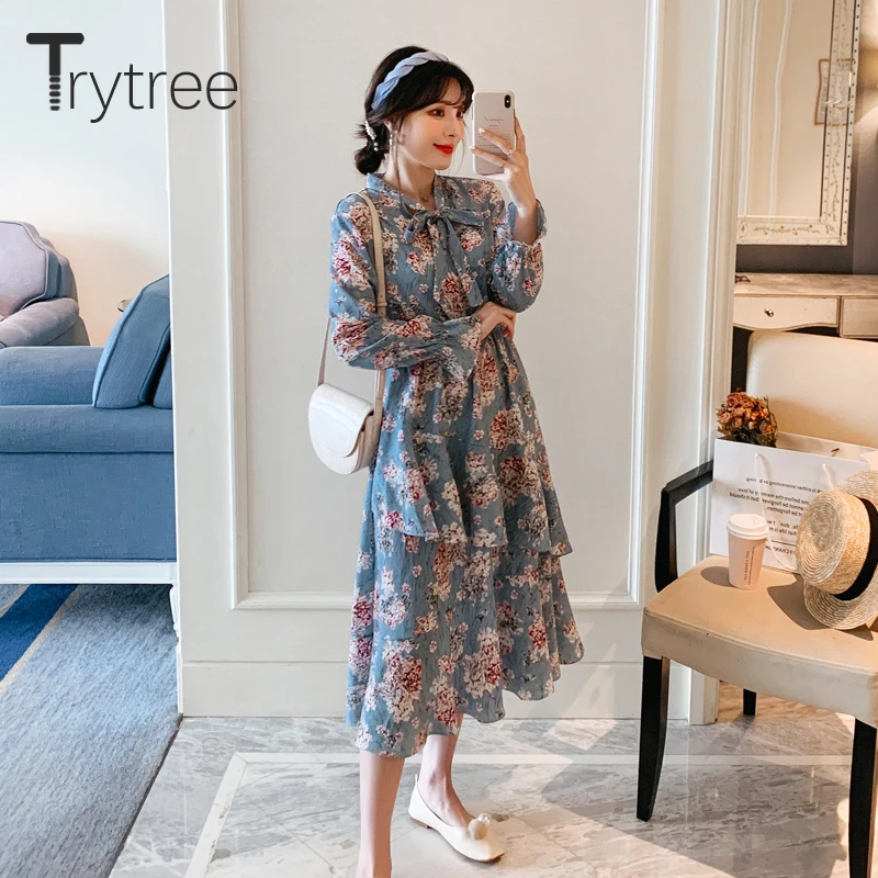 Trytree/ осеннее женское Повседневное платье с бантом и Расклешенным рукавом, с принтом, модное ТРАПЕЦИЕВИДНОЕ ПЛАТЬЕ с оборками, до середины икры, свободное, 2 цвета, офисное женское платье