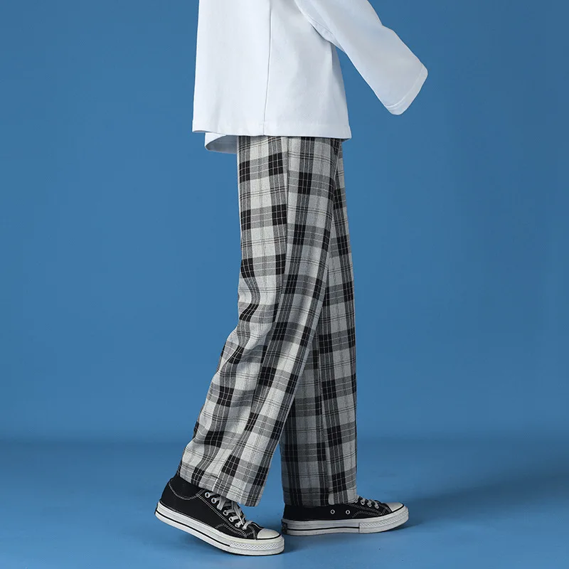 2021 hot spring loose check trousers wide leg pants casual sports pants harajuku street style korean fashion brand mens wear free global shipping