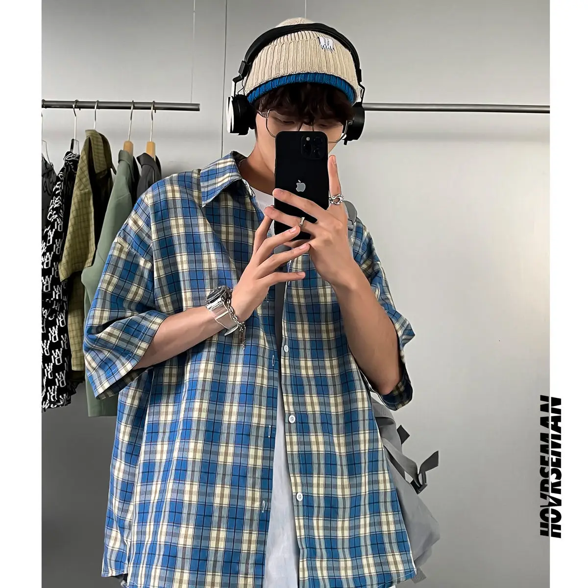 

Summer Plaid Men Shirt Men's Loose Short Sleeve Casual Tops Man 2021 Fashion Korean Style Hip Hop Streetwear Men's Shirt