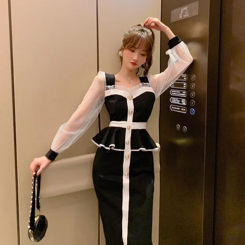 Женское Сетчатое платье с контрастной строчкой базовой юбкой 2020| |