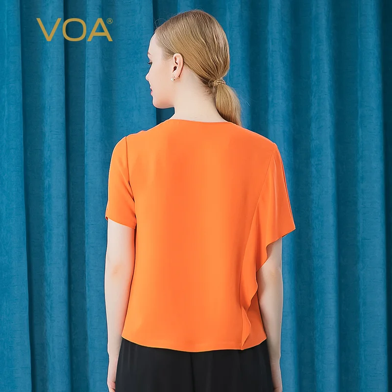 Günstig VOA Seide 30 Mt/mt Schwere Orange Rundhals Asymmetrische Rüschen Nähte Kreative Kurzarm Gerade T-shirt Frauen T-shirt BE386