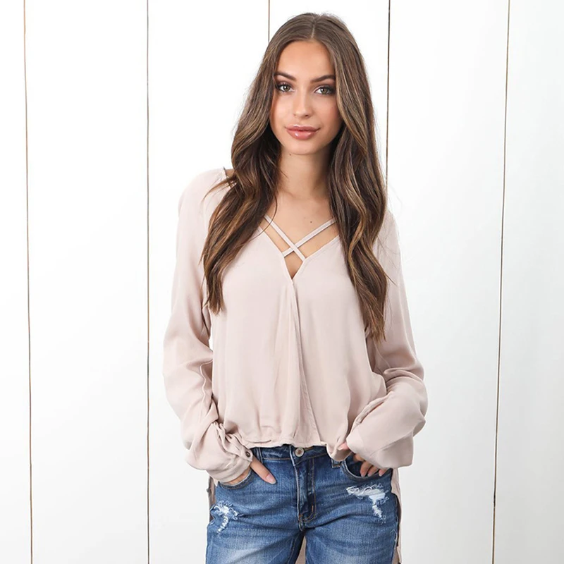 

Women Top Summer Autumn Cotton New V-neck Long Sleeve Chiffon Medium-length T-shirt And Fashionable Temperament Leisure