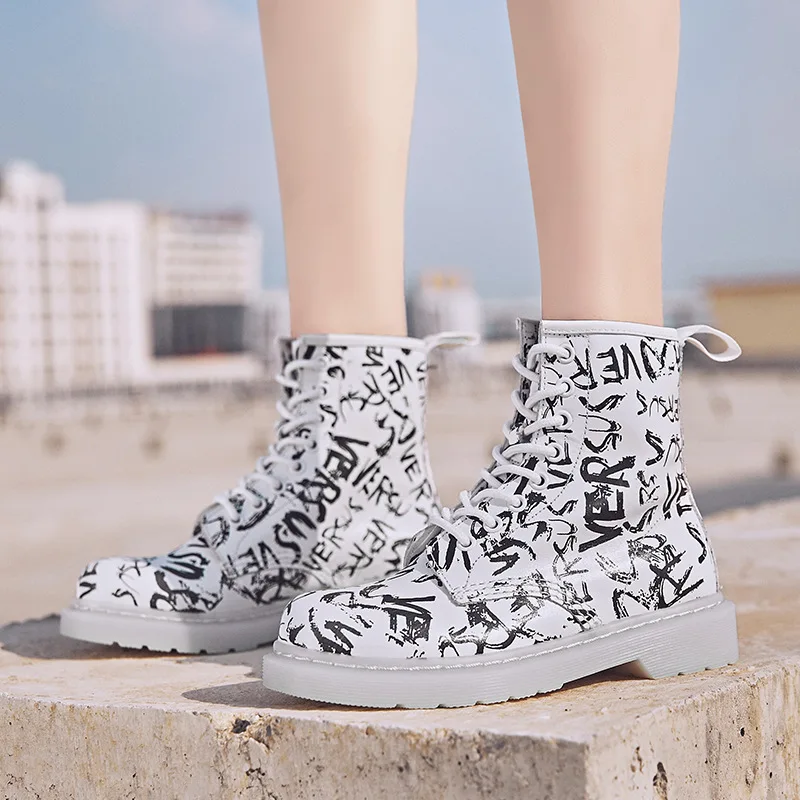 

Autumn Winter Genuine Leather Women's Boots Fashion Graffiti High Platform Casual Martin Boots 2019 New Comfortable Soft Booties