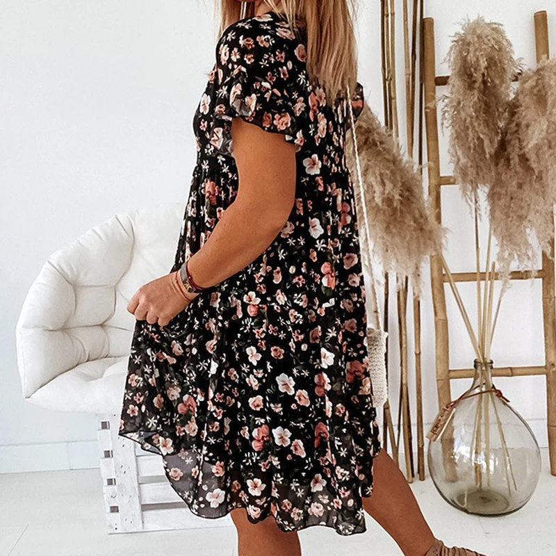

Floral Dress Women Summer Boho Short Sleeve Mini Dresses Female Print A-Line Ruffles Loosed Dress Ladies Party Beach Vestidos