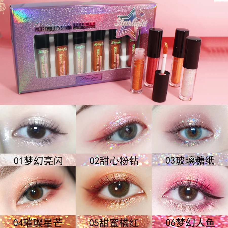 

Портативный раствор теней для век 6 цветов/праймер металлические блестящие тени для век дымчатые глаза водостойкий Блестящий Жидкий Макияж...