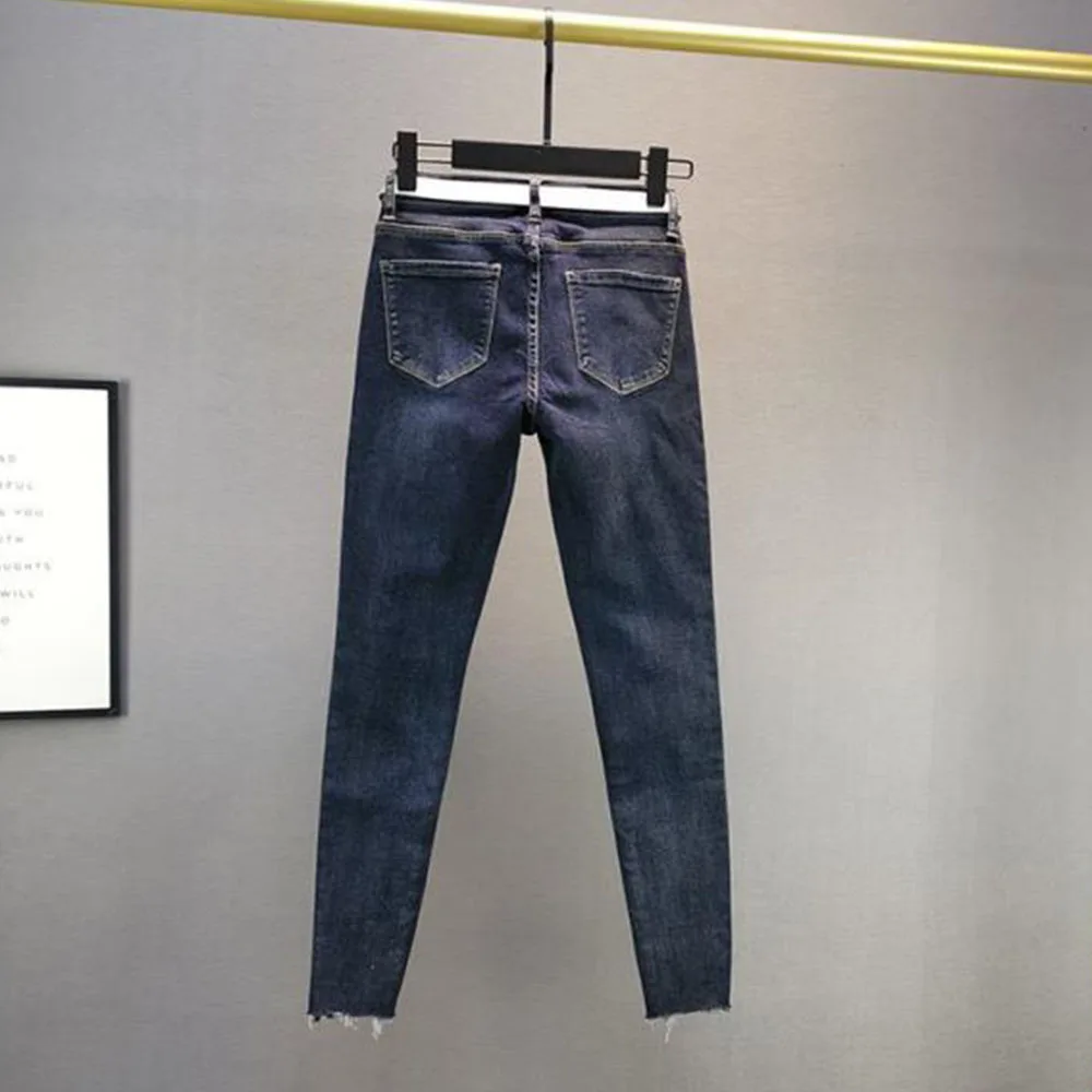 Джинсы женские рваные с завышенной талией модные брюки-карандаш из денима