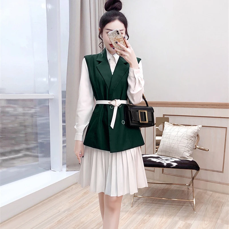 

Spring Designers Office Lady Notched Vest and White Shirt Dress 2 Piece Suits Women Fashion Robe Long Sleeve Vestidos