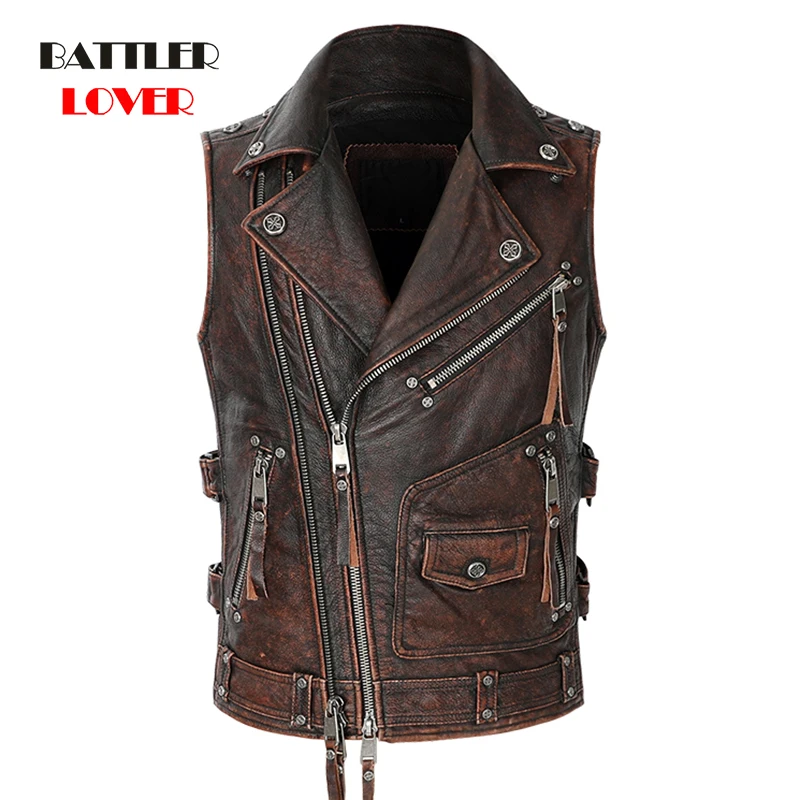 

Mens Vintage Heavy Real Leather Motorcycle Biker Vests Lapel Zipper Cowhide Genuine Leather Sleeveless Jackets Plus Size S-5XL
