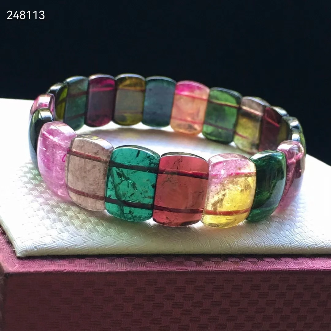 

Rainbow Natural Colorful Tourmaline Quartz Bracelet Clear Rectangle Beads 16/10mm Women Tourmaline Stretch Bangle AAAAA