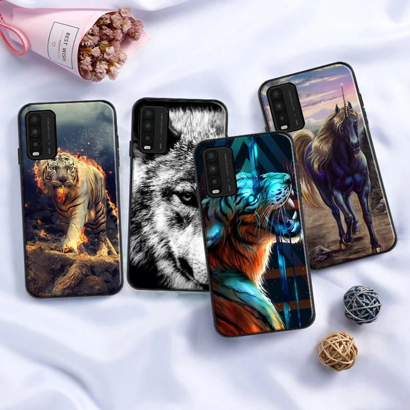 

Phone Case For Xiaomi Redmi 9 9i 9AT 9T 9A 9C Note 9 9T 9S 9 Pro Max Luxury Black Shell Cover Wolf Lion Cool Animal funda